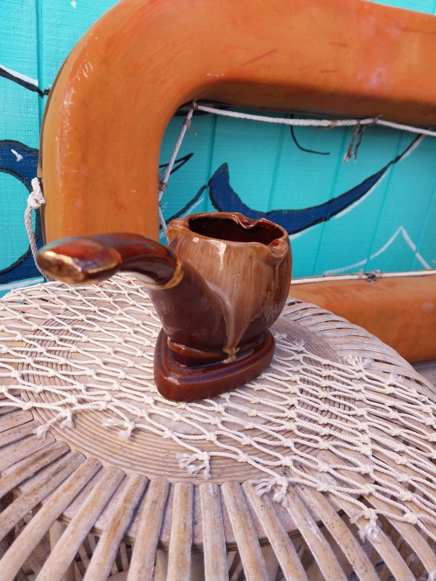 Vintage Ceramic Pipe Ashtray – Mid-Century Brown Glazed Novelty Smoking Decor – 6" Long