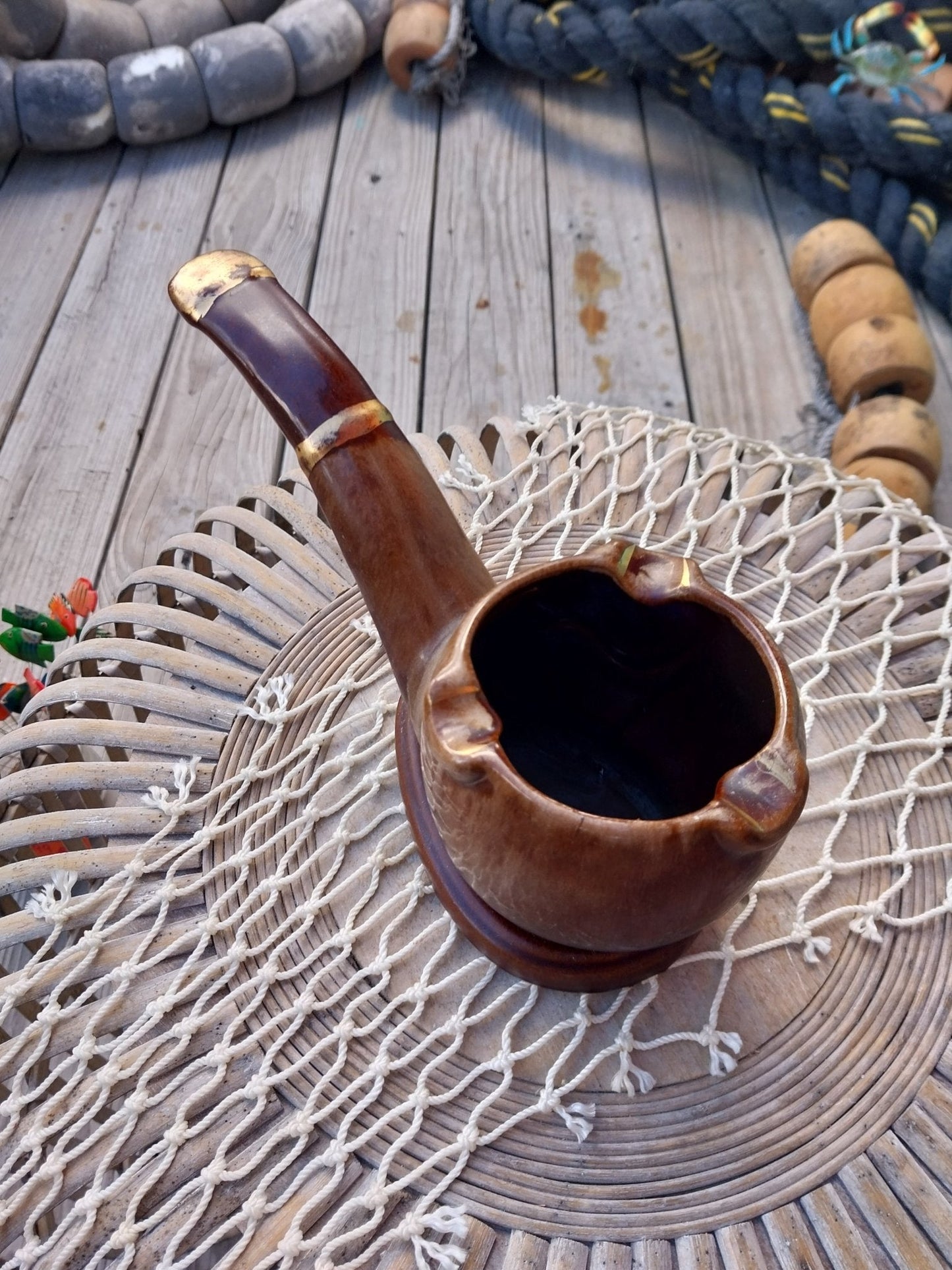 Vintage Ceramic Pipe Ashtray – Mid-Century Brown Glazed Novelty Smoking Decor – 6" Long