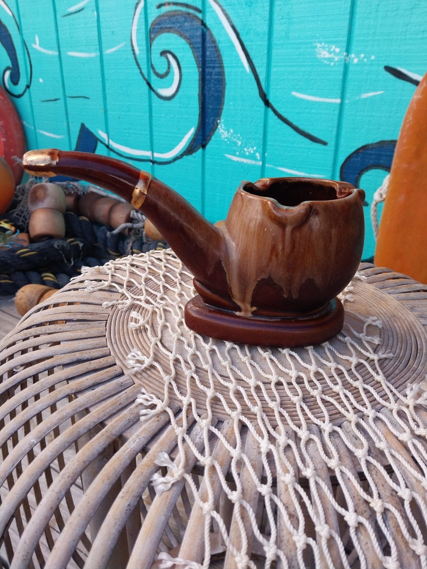 Vintage Ceramic Pipe Ashtray – Mid-Century Brown Glazed Novelty Smoking Decor – 6" Long